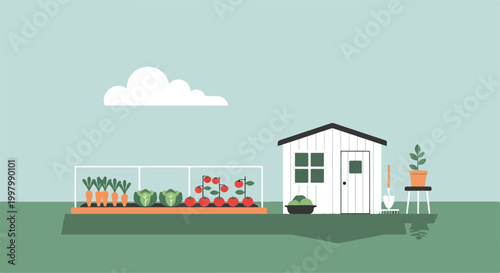 A serene garden scene with a white shed and a greenhouse