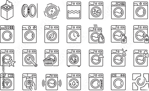 Washing machine line icons set, laundry appliance vector symbols, 28 household cleaning and wash cycle outline elements for web design