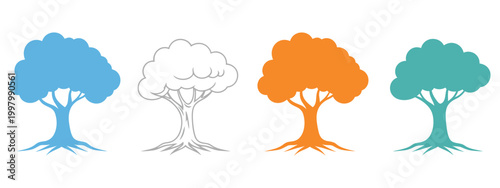 Tree icon, colorful styles and shapes, knowledge roots branches symbols, black silhouette flat variants, nature education design vector illustration