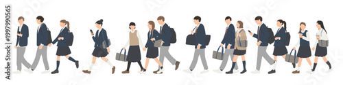 通学する学生の歩く人イラストセット 制服の男女 通学シーン素材