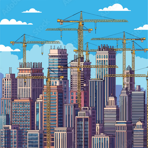 Photos A bustling cityscape under construction with cranes and skyscrapers