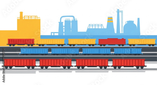 Freight trains carrying cargo in front of industrial factory buildings.