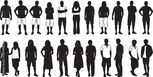 Set of diverse silhouettes people standing in casual poses isolated background