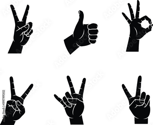 Six black hand gestures on white background, peace