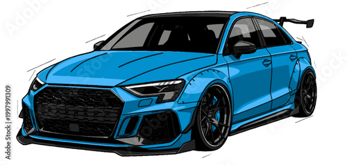 Blue German sport sedan with aggressive widebody kit digital comic style illustration