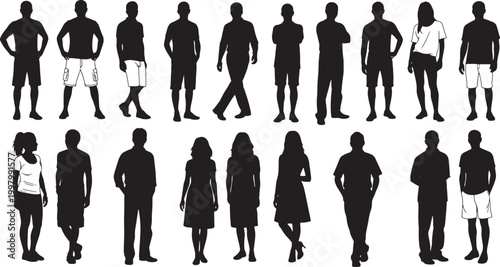 Set of diverse silhouette people icons with various casual poses and clothing styles