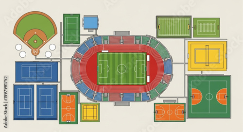 Aerial view of a sports complex with multiple fields and courts.