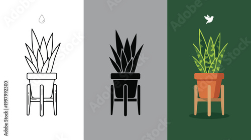 Potted Plant on Wooden Stool with Bird