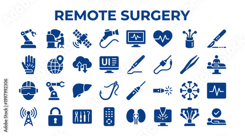 Remote surgery concept with icons of robotic arms, medical equipment, and digital technology for advanced healthcare innovation