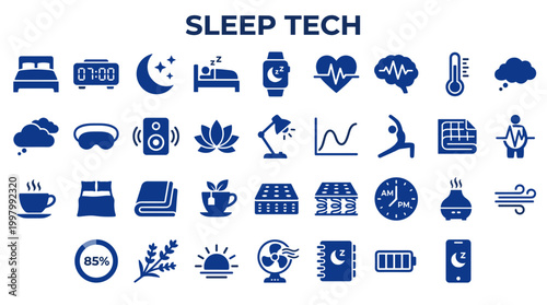 Sleep technology icons representing sleep health and wellness concepts like rest, relaxation, and smart devices for better sleep quality