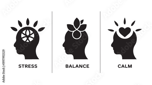Mental Health Icons Set Illustrating Stress Management Balance and Inner Calm Profiles