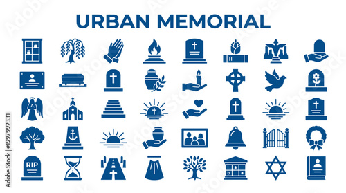 Collection of urban memorial icons representing death grief and remembrance symbols for funeral services and cemeteries