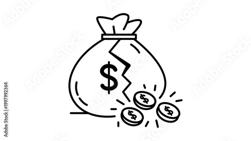 Bankruptcy and financial loss vector icon illustration featuring a broken money bag with dollar sign and coins falling out, minimalist black line art on white background with editable stroke.