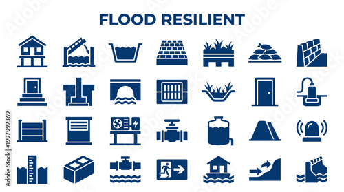Flood resilient building design and infrastructure icons representing protection against water damage and natural disaster preparedness