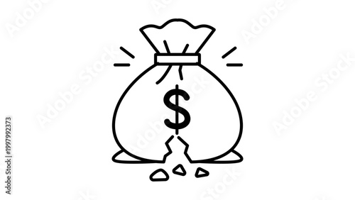 Photos Bankruptcy and Financial Loss Concept: Minimalist Black Line Vector Icon Illustration of a Broken Money Bag with a Dollar Sign on White Background, Featuring an Editable Stroke for Custom Design
