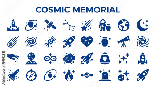 Cosmic Memorial Icons Set Featuring Space Exploration Rockets Astronauts Planets Stars Galaxies and Celestial Bodies for Science and Technology Concepts