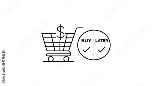 Buy Now Pay Later Concept Vector Icon Illustration with Shopping Cart and Dollar Sign, Minimalist Black Outline Design with Editable Stroke for E-commerce, Finance, and Retail Business Apps.