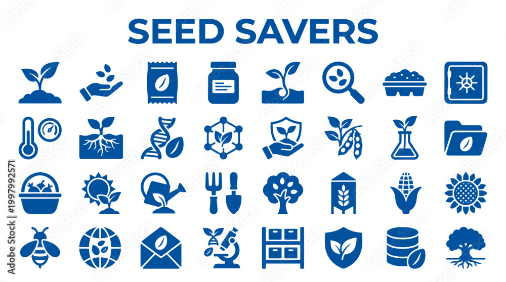 Fototapeta premium Seed Savers Icons Collection Representing Agriculture Biotechnology Plant Science Genetics And Environmental Conservation Efforts