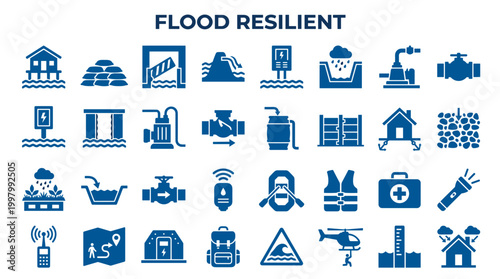 Flood resilient infrastructure and safety equipment icons collection representing disaster preparedness and emergency response solutions for water damage prevention