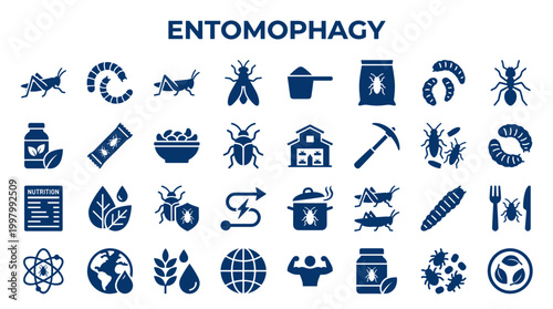 Entomophagy concept icons representing insect consumption as a sustainable food source and protein alternative with nutritional and environmental benefits