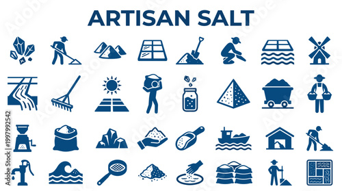 Artisan salt production process icons showing harvesting processing and packaging of natural sea salt from evaporation to final product