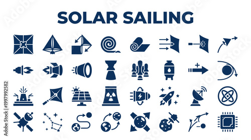 Solar Sailing Space Exploration Technology Icons Set