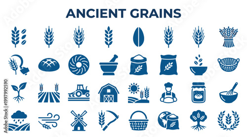 Collection of ancient grain icons representing farming cultivation harvest and food production with agricultural elements and symbols