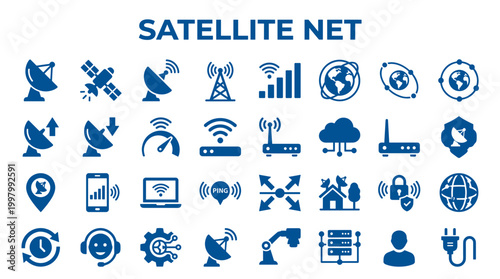 Satellite internet technology icons and symbols representing global connectivity, data transfer, network devices, and communication services for digital services