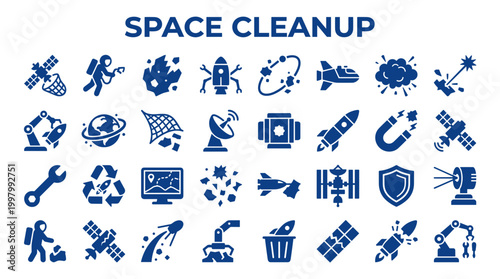 Space Cleanup Concept Icons Set Illustrating Satellite Debris Removal and Astronaut Mission for Earth Protection