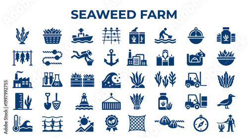 Seaweed farm icons set representing cultivation harvesting processing and aquaculture industry with marine plants and equipment