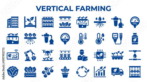 Vertical farming infographic icons representing modern agriculture technology, sustainable food production, automation, and smart farming systems for urban environments