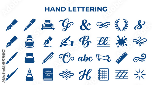 Collection of hand lettering and calligraphy elements including pens brushes ink bottles letters and decorative ornaments for graphic design and artistic projects