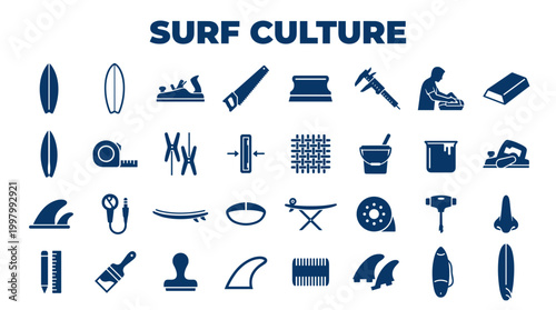 Surf Culture Icons Representing Surfing Lifestyle Equipment and Craftsmanship Tools for Board Making and Repair