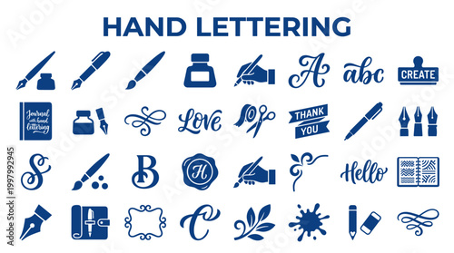 Collection of hand lettering elements and calligraphy tools for creative design and journaling