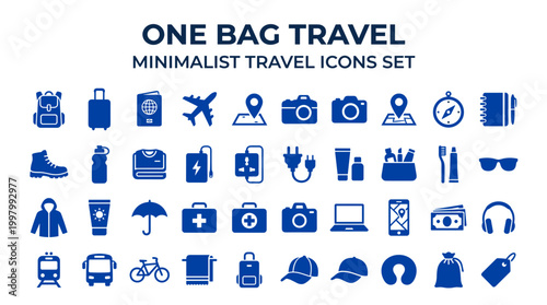 One Bag Travel Minimalist Icons Set Featuring Essential Travel Gear and Accessories for Modern Journeys