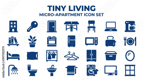 Tiny Living Micro Apartment Icon Set Featuring Essential Furniture and Appliances for Small Space Living