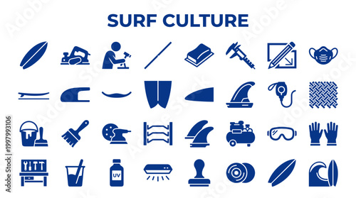 Surf Culture Icons Collection Representing Surfing Equipment Crafting and Lifestyle Elements