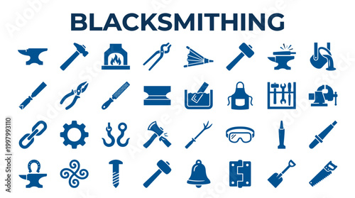 Blacksmithing tools and equipment icons set for metalworking craft and artisanal forging industry concept