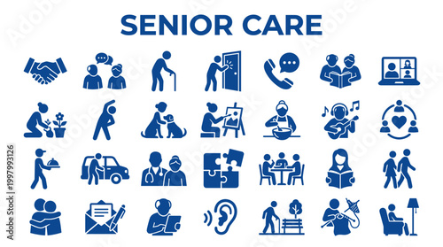 Senior Care Services and Lifestyle Icons Representing Health Support Companionship and Activities for Elderly People