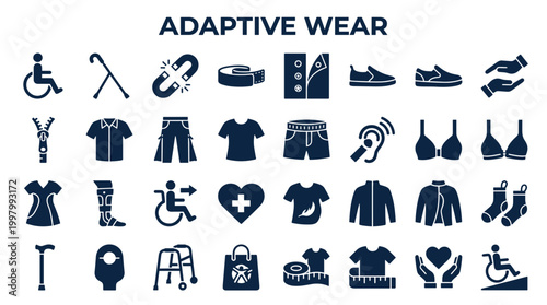 Collection of adaptive clothing and accessibility icons representing inclusive fashion and support for people with disabilities and special needs