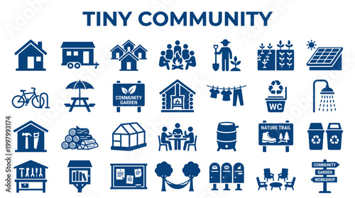 Tiny Community Icons Set Representing Sustainable Living Eco Friendly Housing and Shared Resources