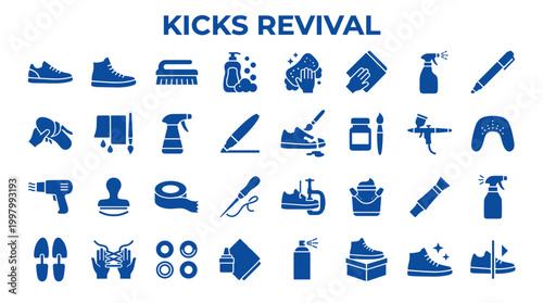 Collection of shoe care and customization icons representing sneaker cleaning repair and restoration services for footwear enthusiasts