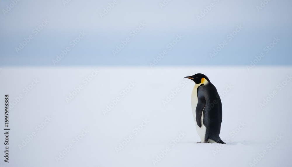 Fototapeta premium Emperor Penguin Standing Alone on Vast Antarctic Ice Field