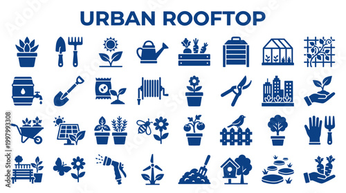 Urban rooftop gardening icons and illustrations representing sustainable city living and urban agriculture with plants tools and nature elements