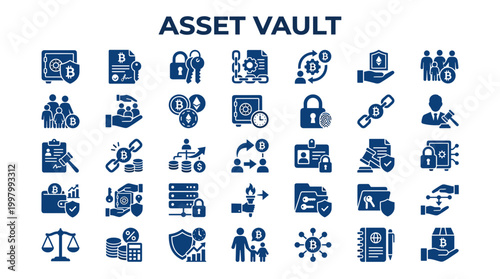 Digital Asset Vault Security and Management Icons Representing Cryptocurrency Blockchain Finance and Business Concepts