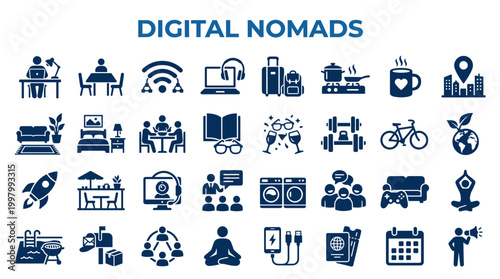 Digital Nomads Lifestyle Icons Representing Remote Work Travel and Modern Living Concepts