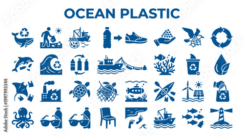 Ocean plastic pollution icons illustrating environmental impact and recycling solutions for marine life and ecosystems