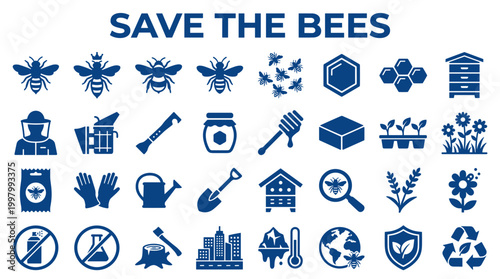 Save the Bees concept with icons showing beekeeping, pollination, environmental protection, and urban challenges