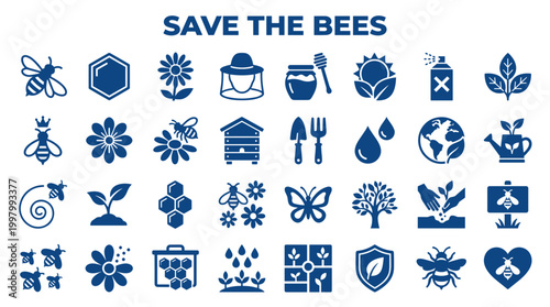 Save the Bees concept with diverse icons representing nature conservation agriculture and environmental protection