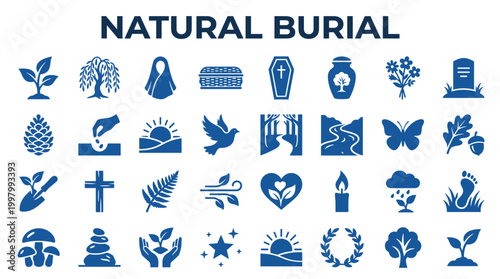 Natural burial icons and symbols representing eco-friendly funeral options and green death care concepts for sustainable life cycle and environmental awareness